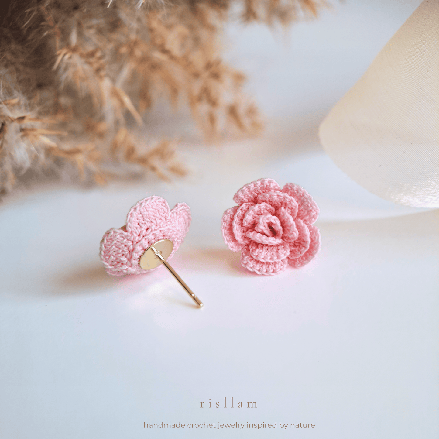 Handmade Crochet Rose Stud Earings -Red, Pink and Purple