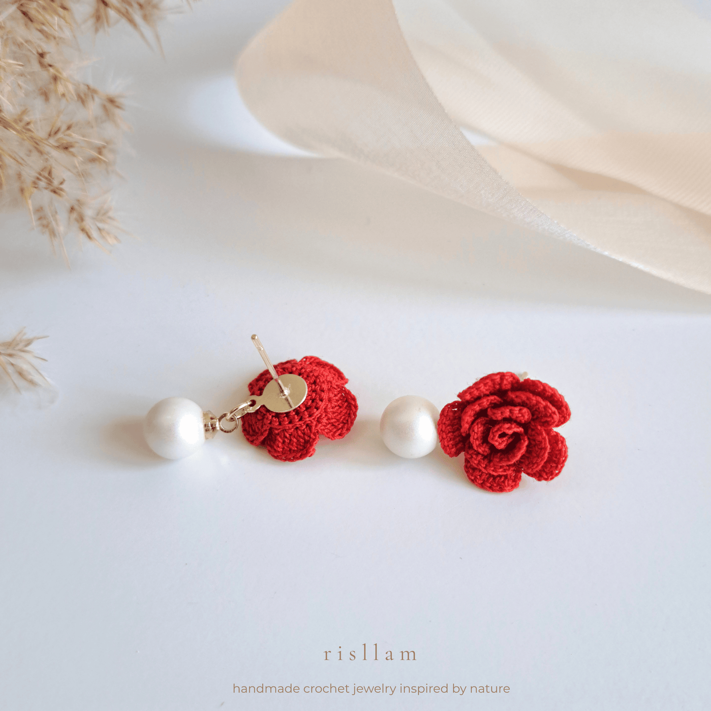 Handmade Crochet Rose & Pearl Earrings