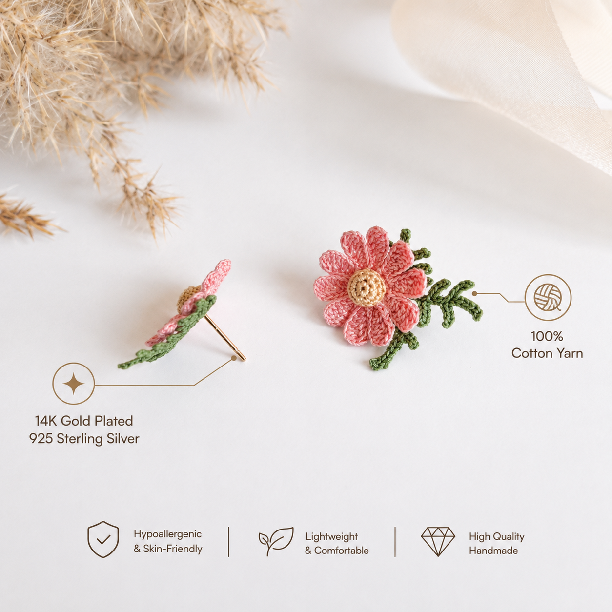 Handmade Crochet Daisy Stud Earings