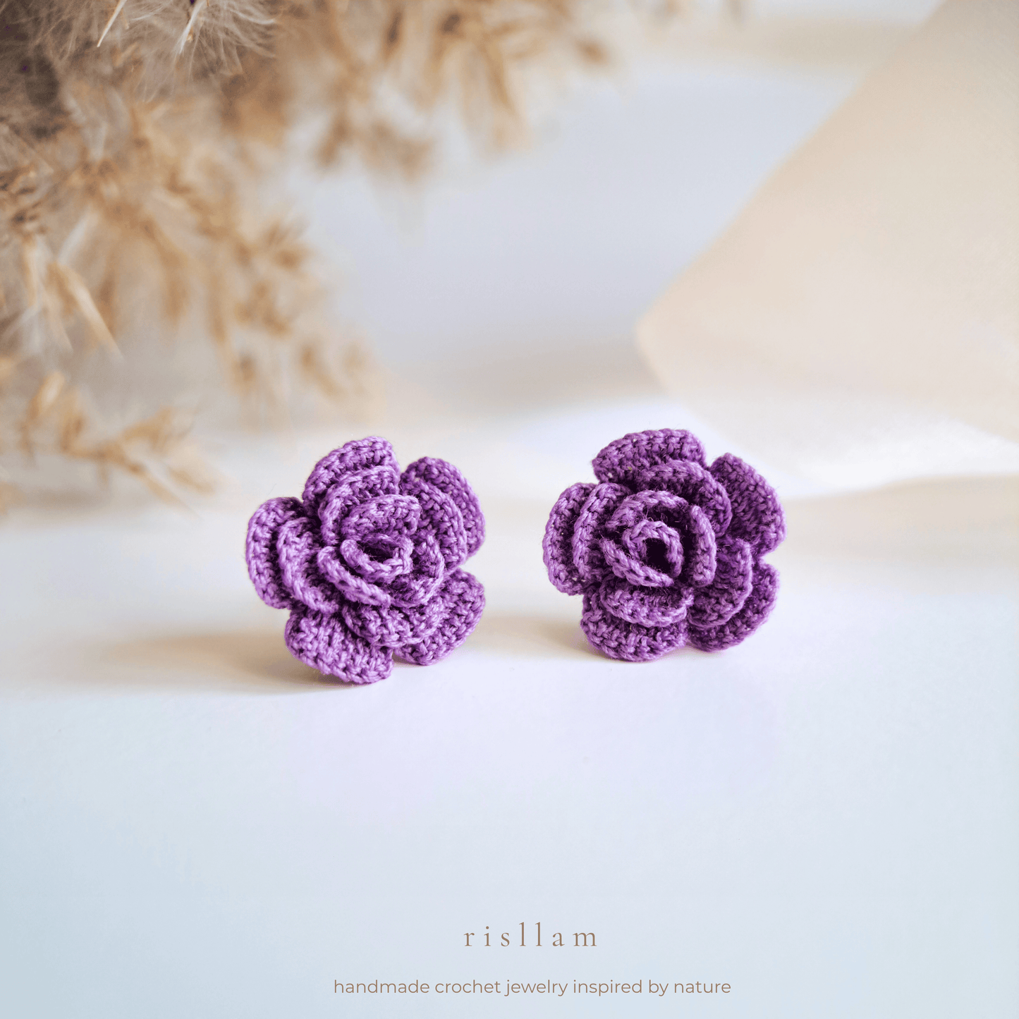 Handmade Crochet Rose Stud Earings -Red, Pink and Purple