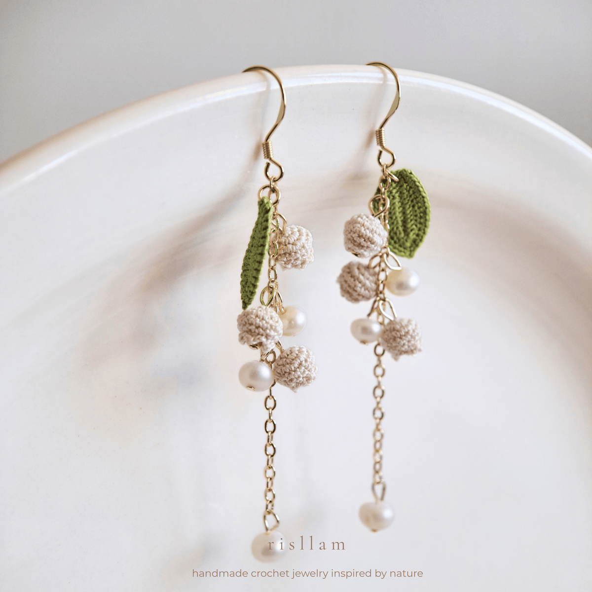 Lily of the Valley Crochet Dangle Earrings, Pearl Accents, Sterling Silver Hooks